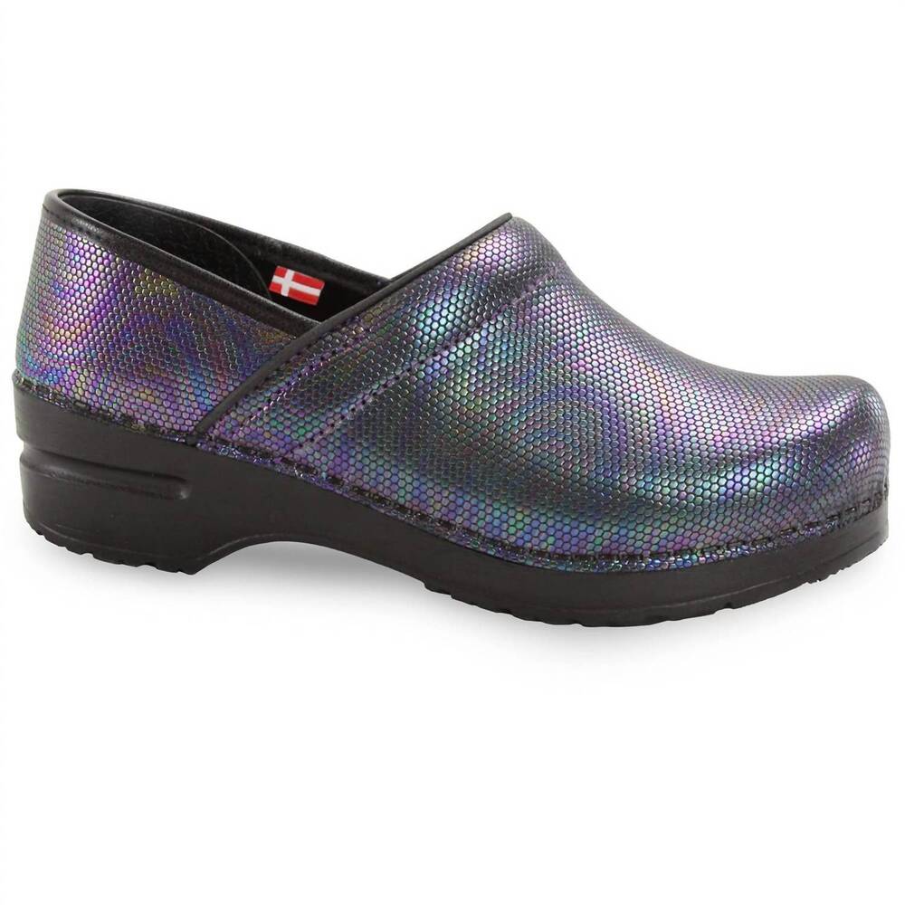 NEW SANITA women's avon iridescent embossed slip on clogs in black